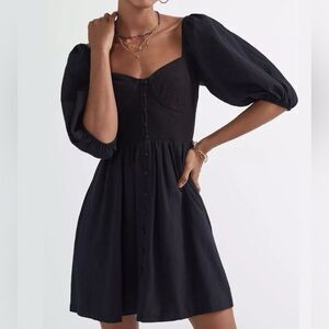 Anthropologie Maeve Puff-Sleeved Cotton Sweetheart Mini Dress Black Size Medium